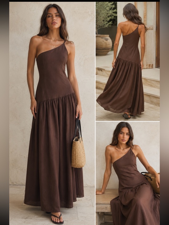 Peppermayo Dresses & Skirts - Peppermayo One-Shoulder Brown linen Maxi Dress sz small